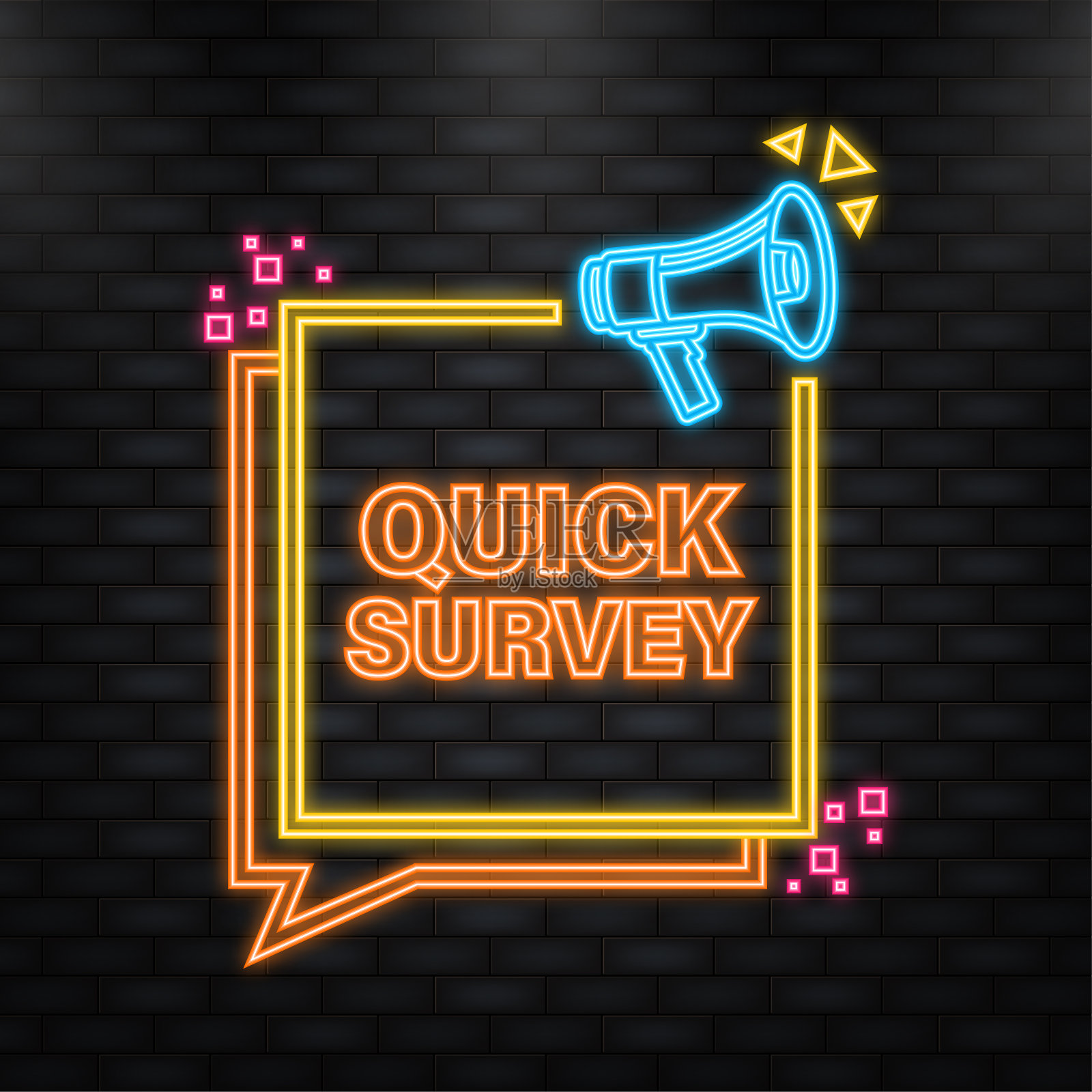 霓虹灯图标。带扩音器的蓝色横幅上有快速调查标志。矢量插图。插画图片素材