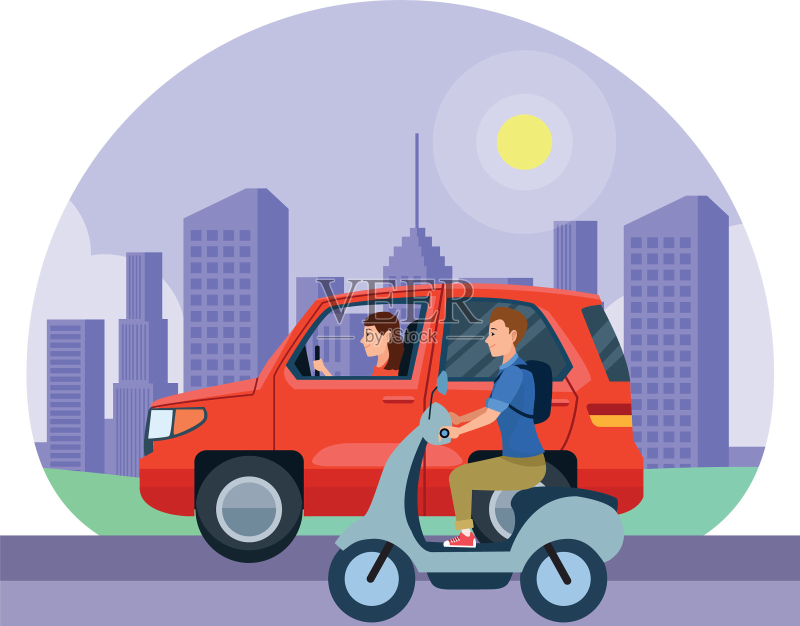 有司机驾驶的车辆和摩托车插画图片素材