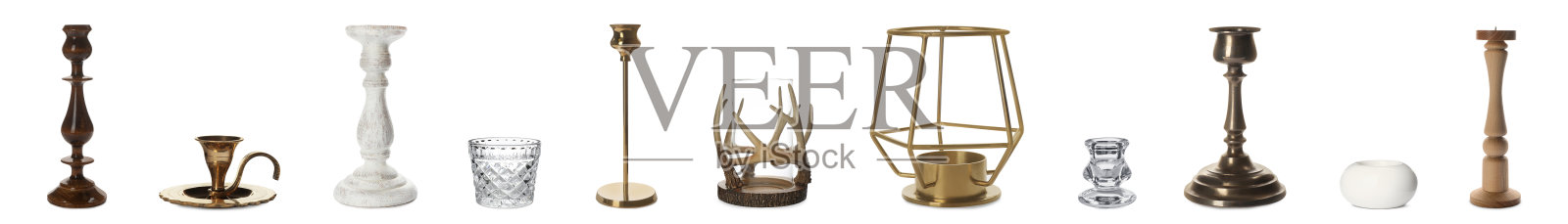 设置不同风格的烛台和持有人在白色背景,横幅设计照片摄影图片