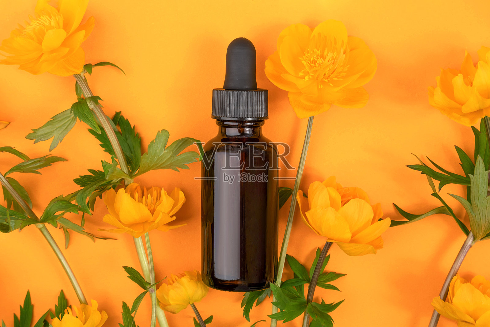 一个棕色的玻璃滴瓶,里面有血清,精油或其他化妆品,橙色的背景上有橙色的花。天然有机水疗美容美容概念俯视图照片摄影图片