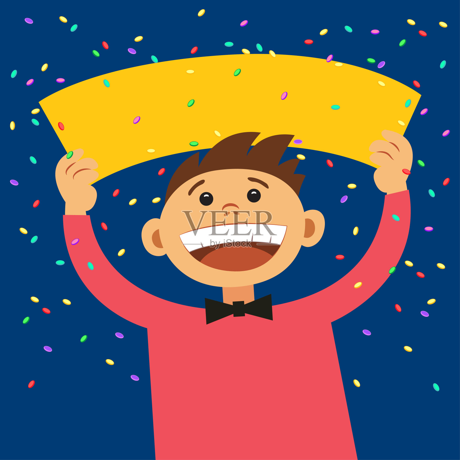 滑稽的卡通人拿着空白的标志。微笑快乐的男孩,有空白的海报招牌,卡通插图。拿着文字板的男孩。插画图片素材