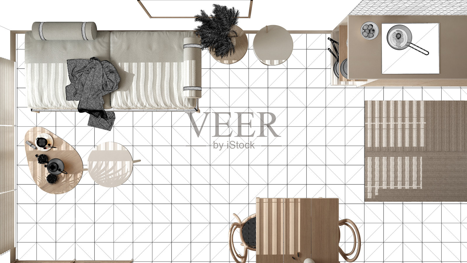 舒适的木制厨房,客厅的木桌,室内设计理念,黑色墨水素描蓝图背景,定制家具项目草图,俯视图,平面图,上面照片摄影图片