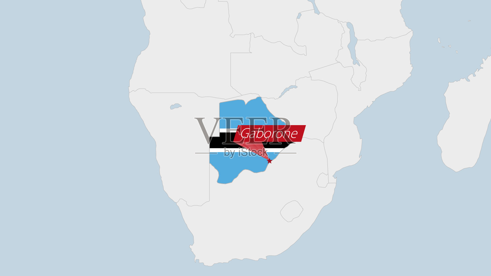 博茨瓦纳地图突出显示了博茨瓦纳国旗的颜色和国家首都哈博罗内的徽章。插画图片素材