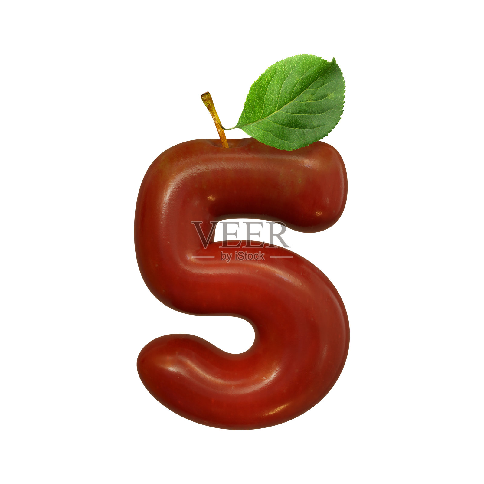 字母表5是红苹果。孤立在白色背景上的3D插图。照片摄影图片