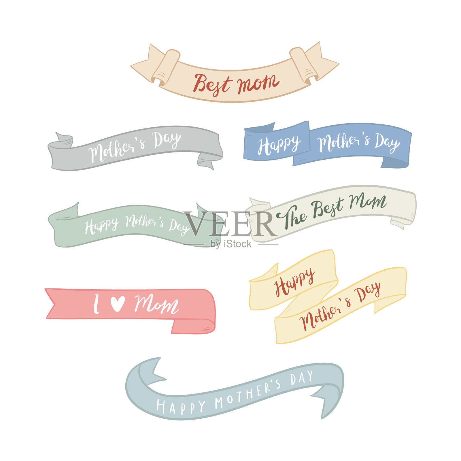 母亲节粉彩元素集。彩带插图。插画图片素材