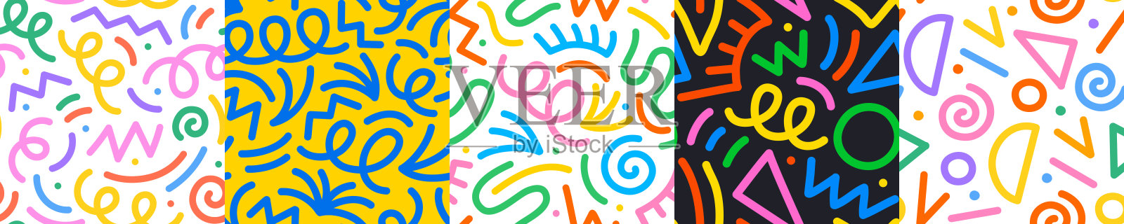 一套有趣的彩色线条涂鸦无缝图案插画图片素材