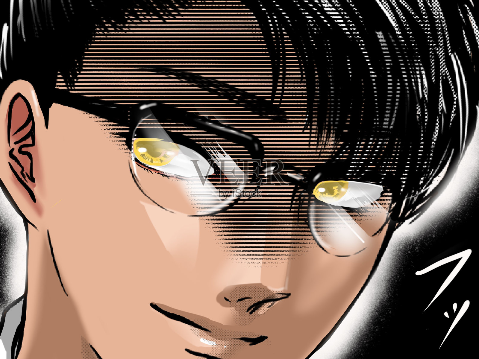 英俊的眼镜与黄色的眼睛协会员工可疑的微笑的串珠彩色卡通插图。插画图片素材