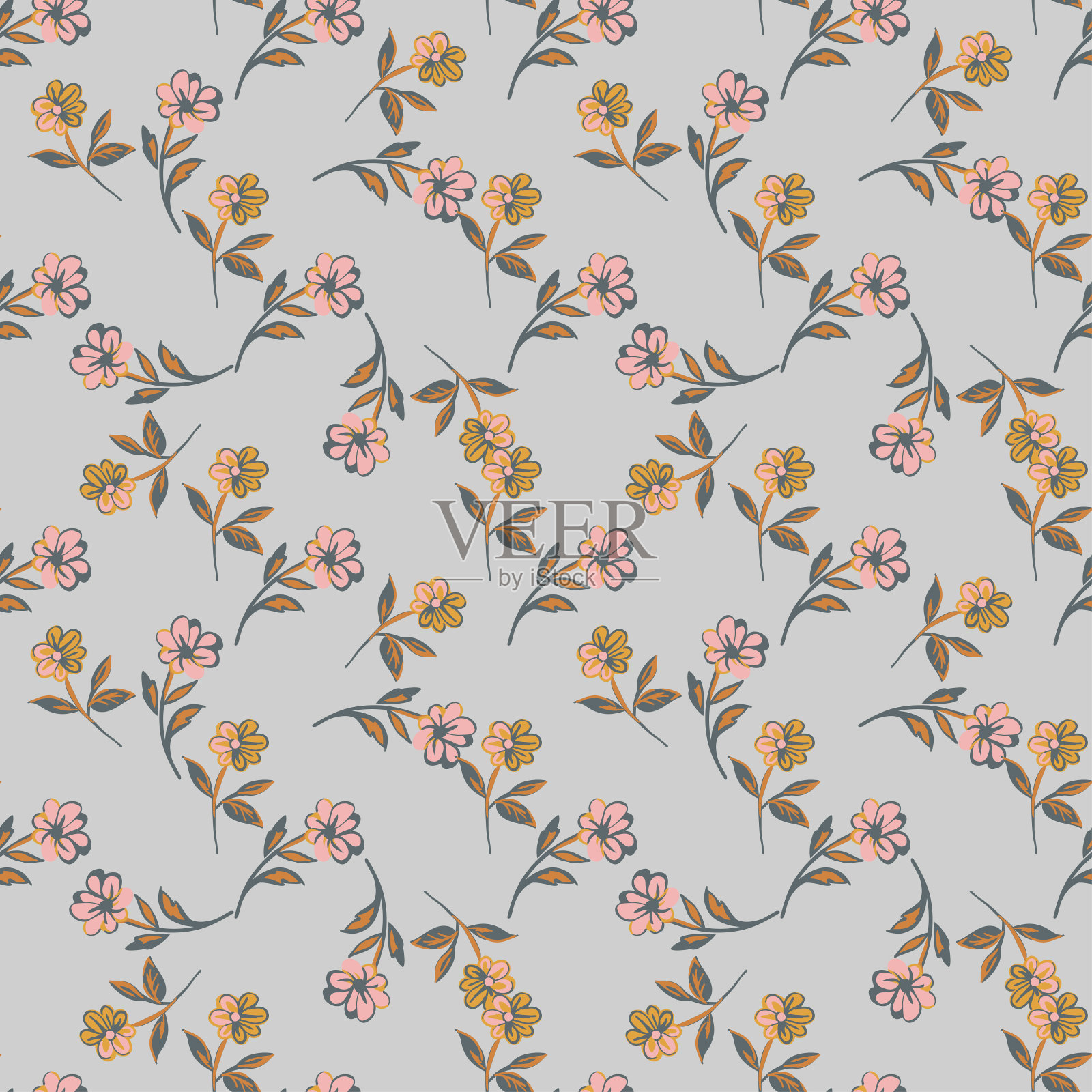 手绘野花盛开。可爱的花卉抽象背景无缝图案。植物花的墙纸。矢量插图平面设计时尚,纺织,包装,印刷。时髦的灰色柔和的颜色插画图片素材