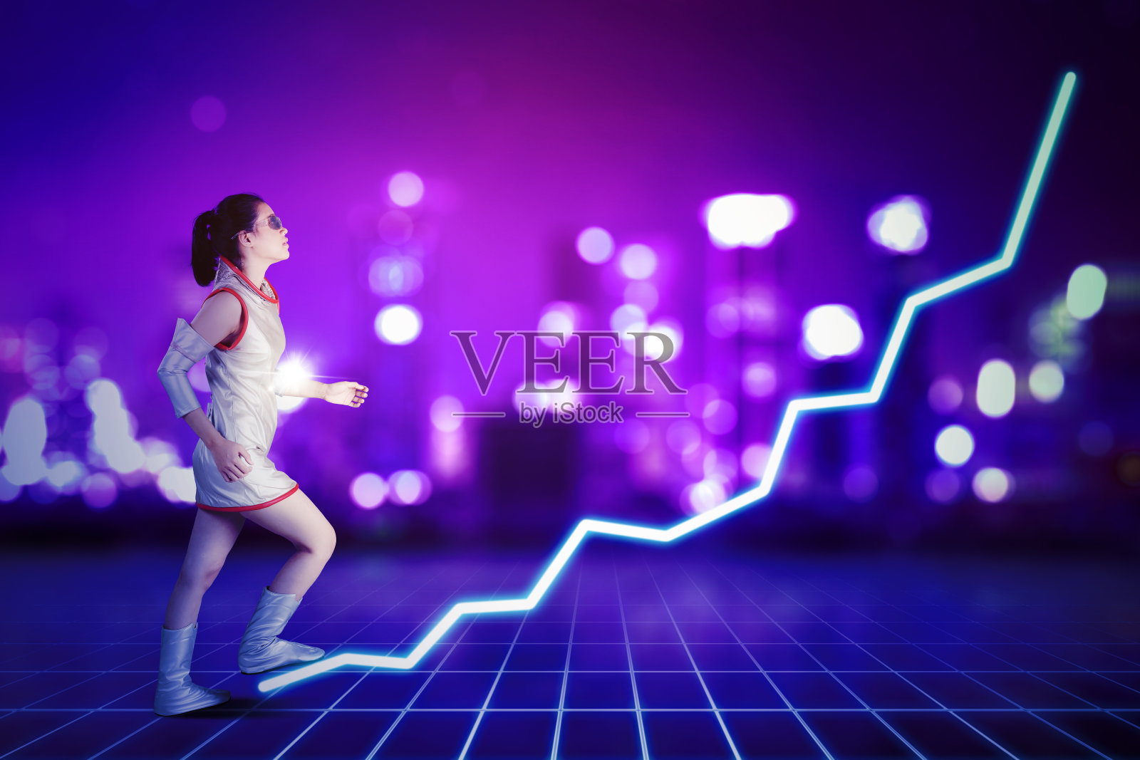 女性机器人行走在增长金融图表上照片摄影图片