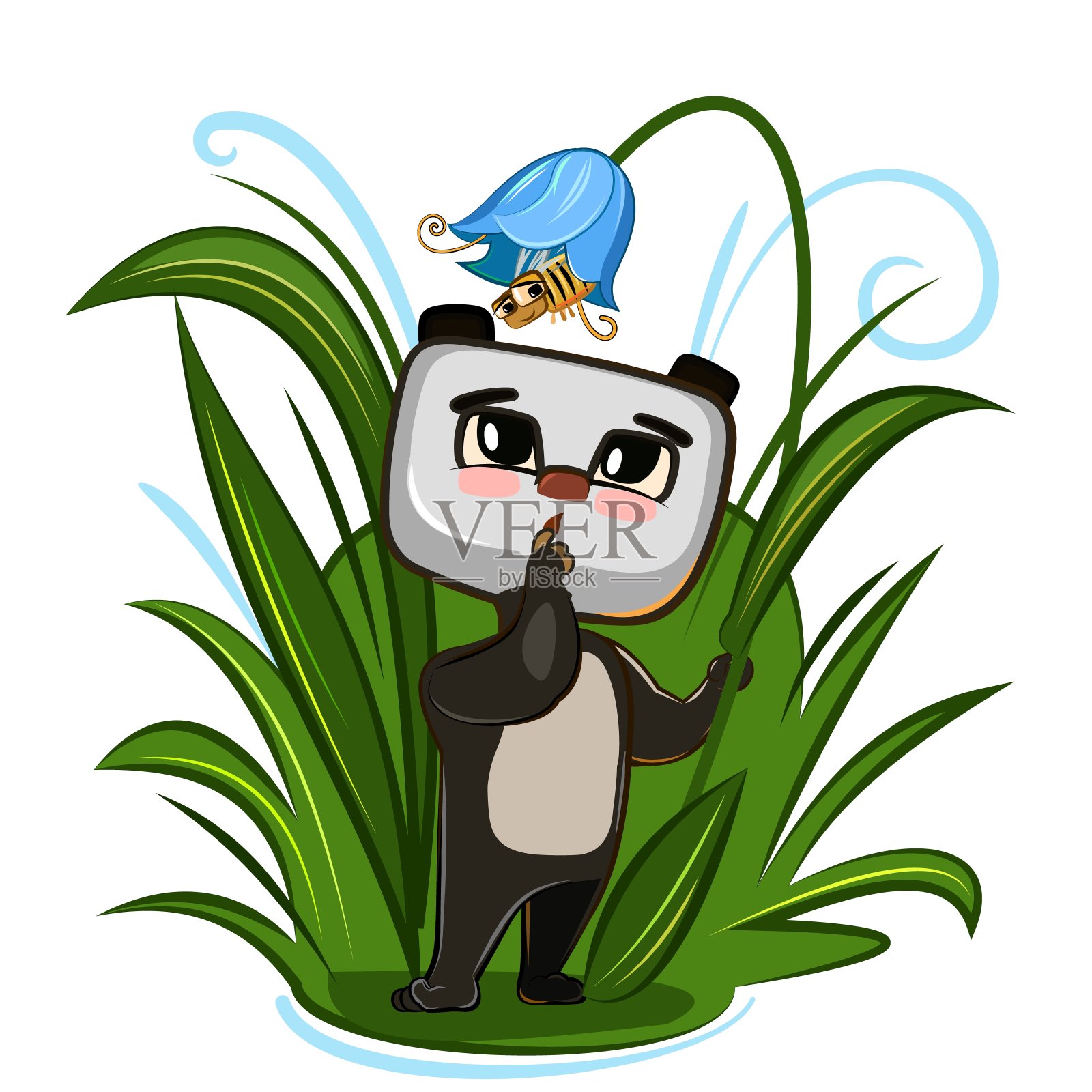 可爱的熊猫宝宝,小熊在花丛中。有趣的动物的孩子。对儿童插图。夏天漂亮的风景。孤立在白色背景上。向量插画图片素材