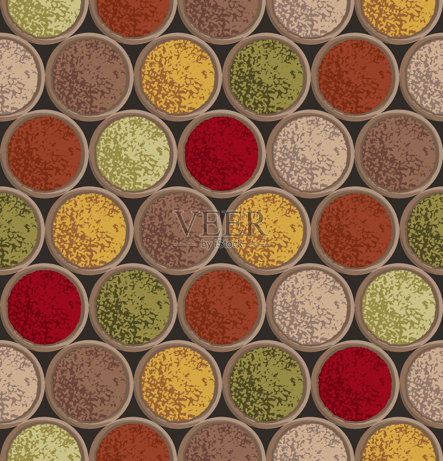 木碗中的香料粉末俯视图。黑色背景上的抽象风格与香料无缝纹理。食物的例子。矢量图插画图片素材