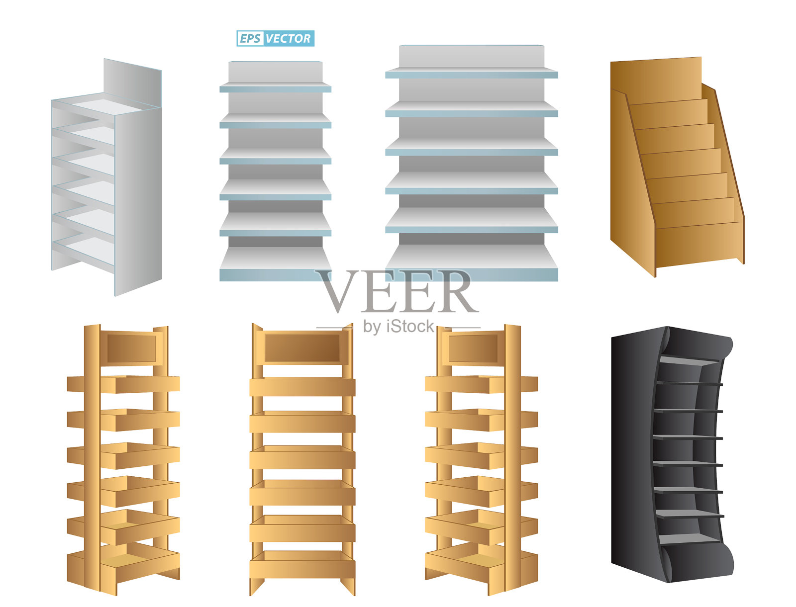 一套逼真的货架零售贸易货架或机架货架促销或展示架模拟隔离。每股收益向量插画图片素材