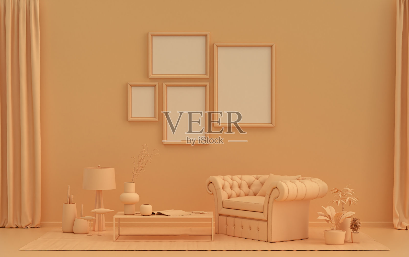 室内房间采用纯色的橙色,4个带有家具和植物的框架,画廊的墙壁照片摄影图片