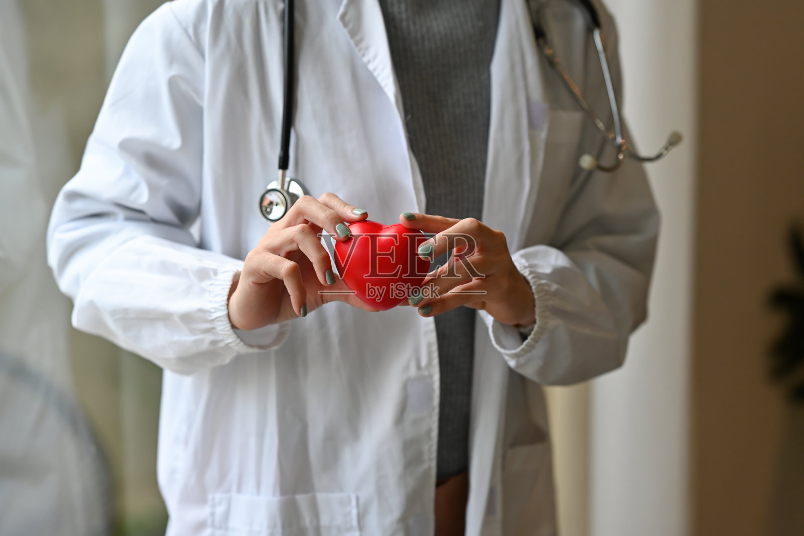 一个医生的手在白大褂站在办公室持有心脏模型的裁剪视图。为医疗保健理念。照片摄影图片