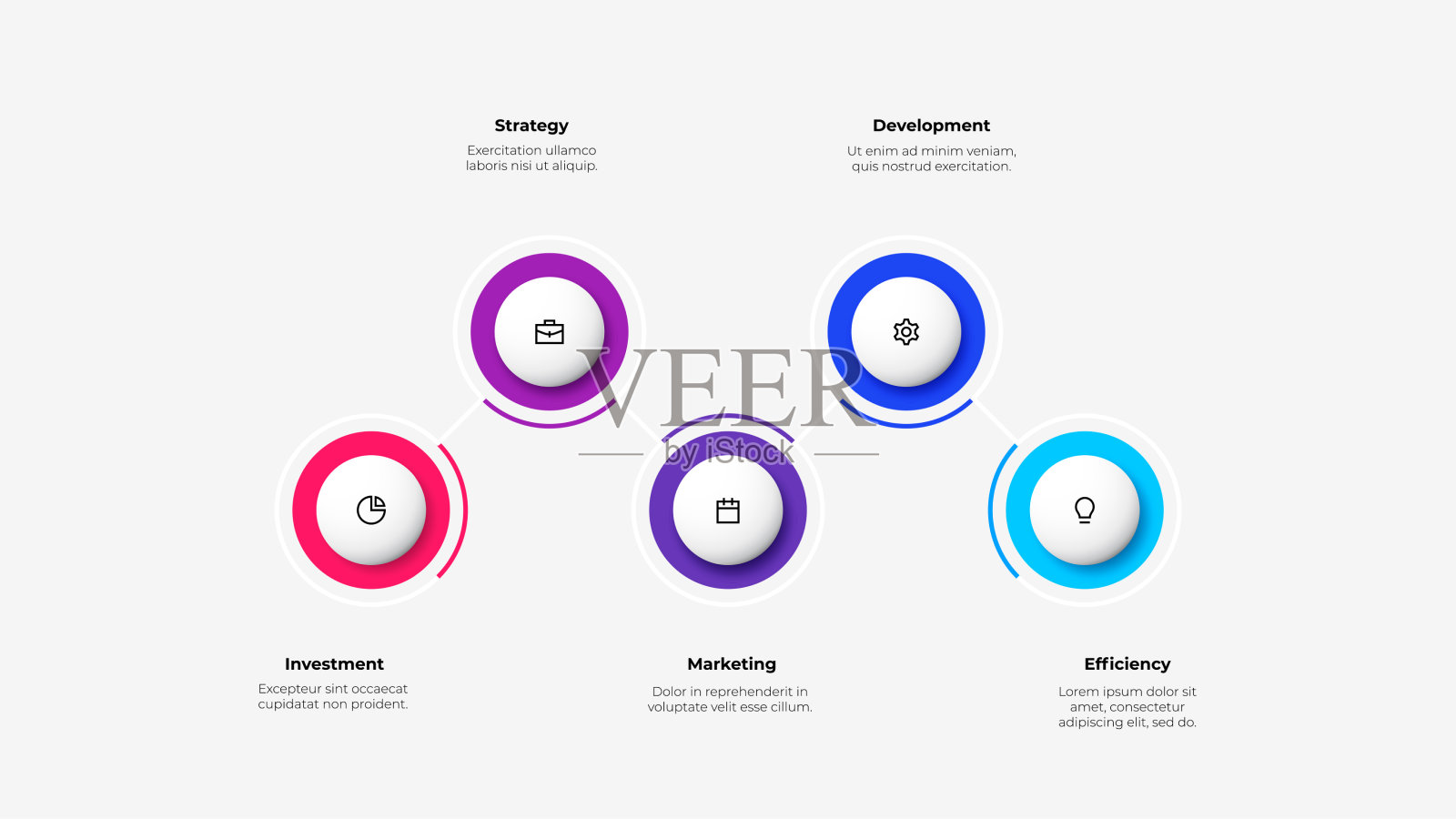 业务发展过程的5个步骤的概念。信息图形演示与五个圆圈和细线图标插画图片素材