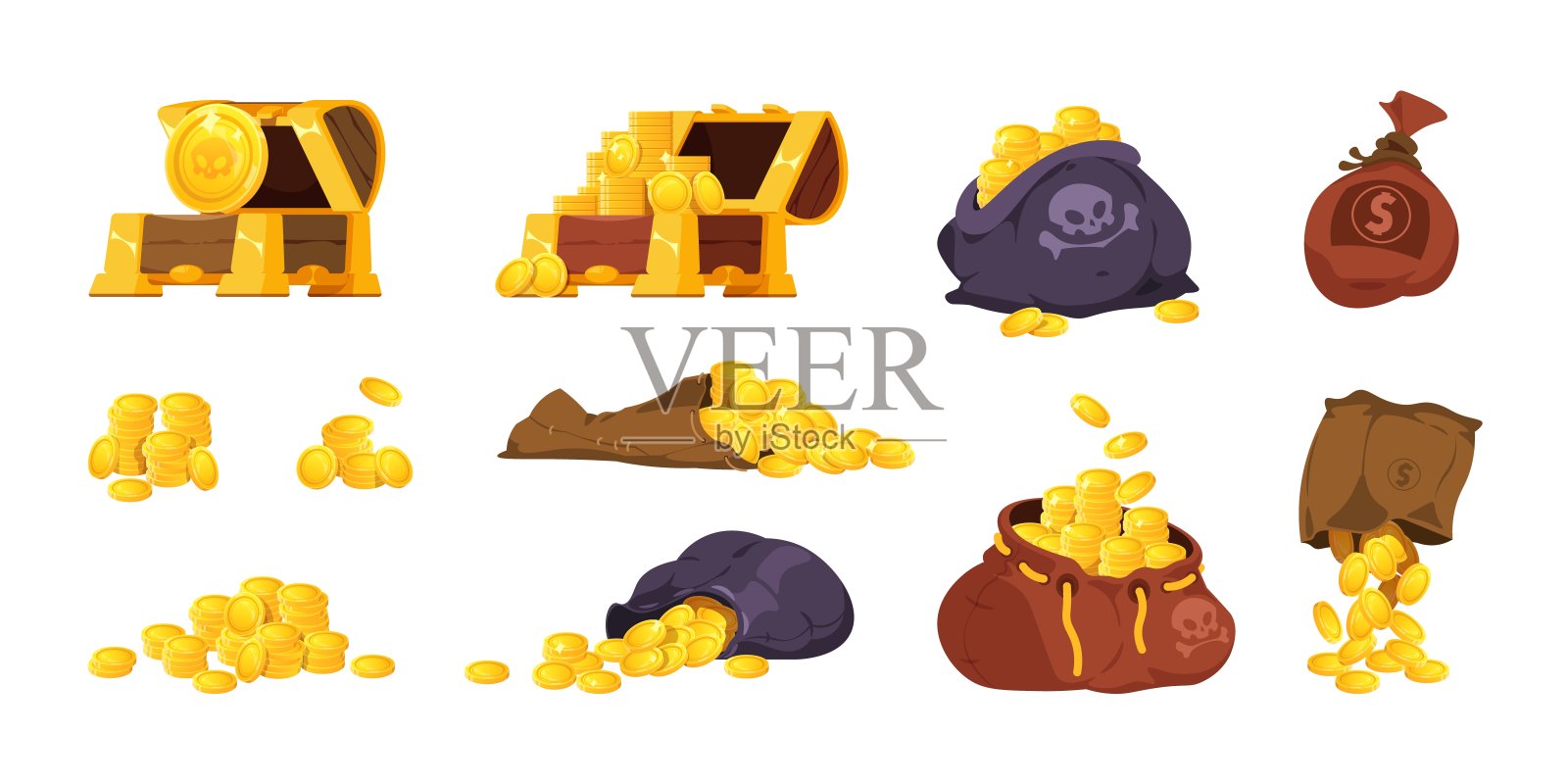 箱子和硬币袋。卡通木制海盗盒与成堆成堆的金币,游戏奖品和宝藏界面元素。Vector中世纪珠宝套装设计元素图片
