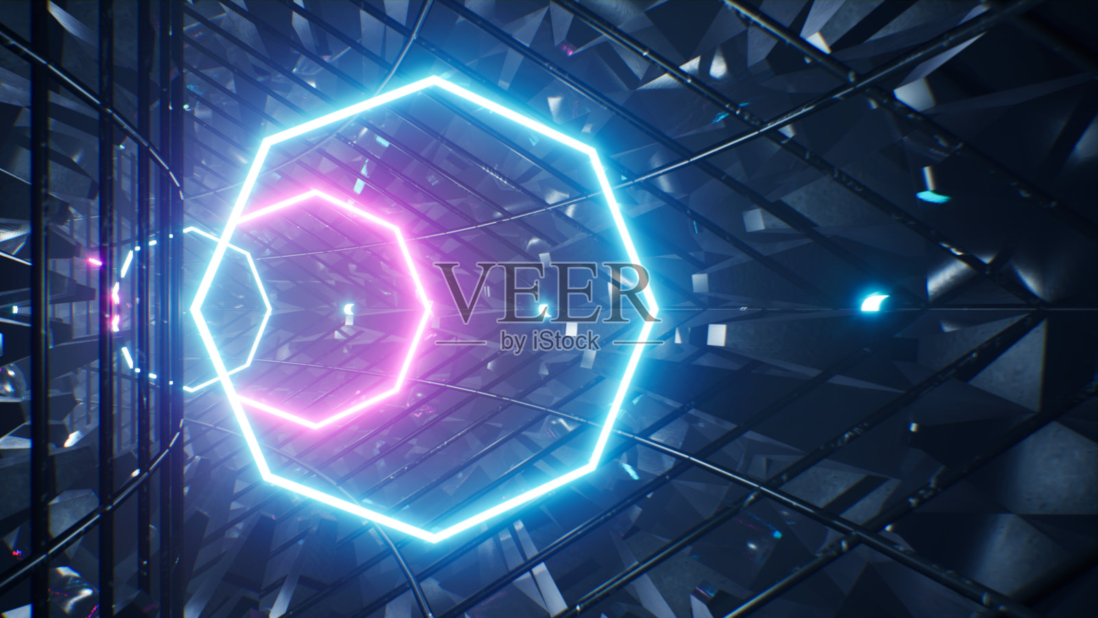 八角形霓虹灯灯在金属笼隧道三维渲染照片摄影图片