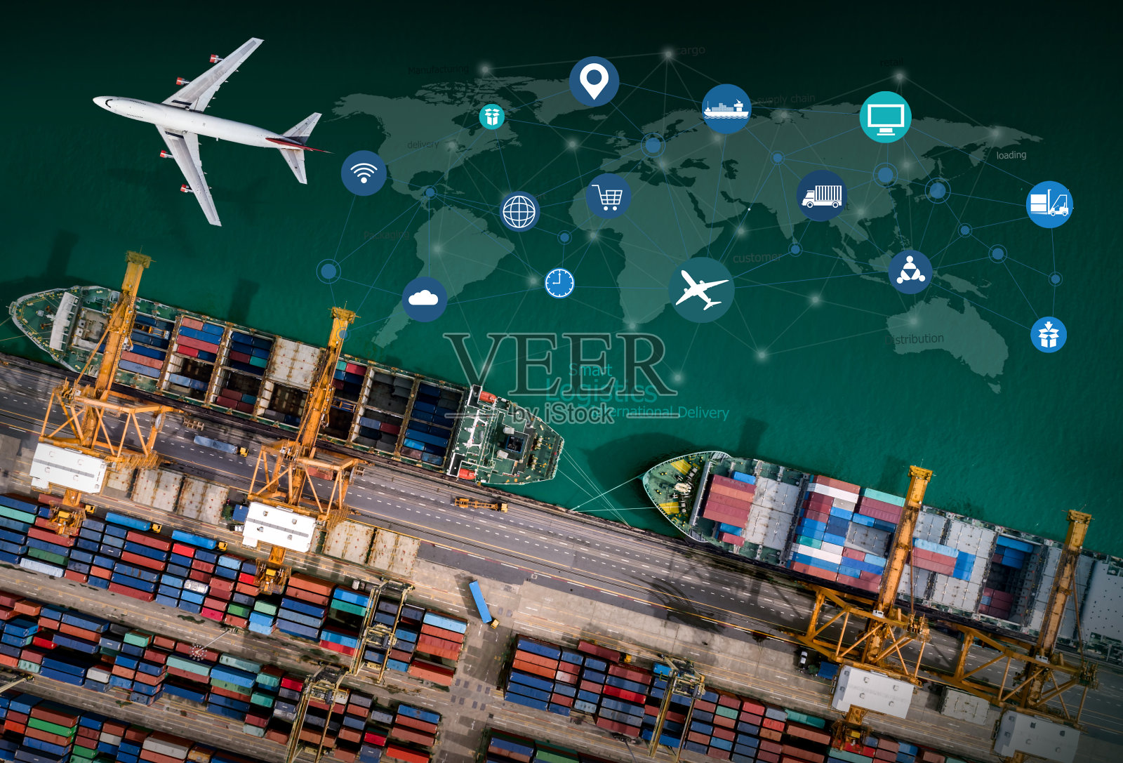 鸟瞰图和俯视图货机飞行在船舶港口进出口业务和智能物流国际货物。用起重机把货物运到港口照片摄影图片