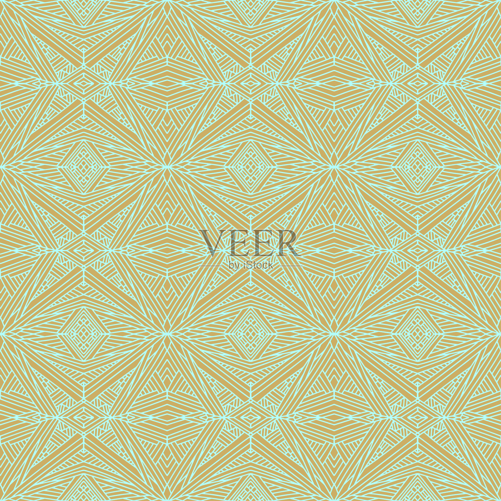 用旧风格的几何装饰绘制的无缝瓷砖,橙色和浅绿色的颜色,矢量无缝图案插画图片素材