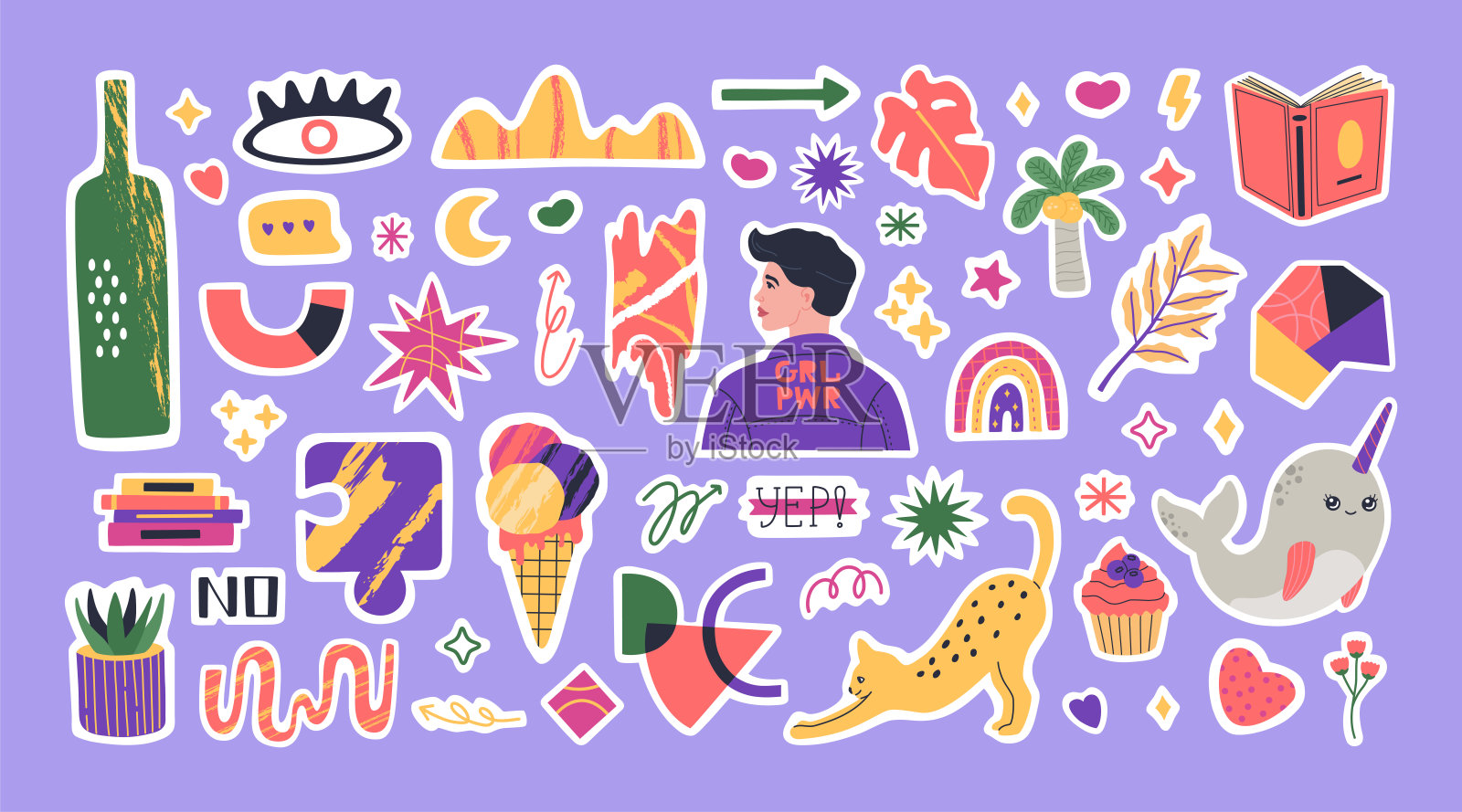 一套各种时髦的贴纸规划师。丰富多彩的元素和字母的日常计划插画图片素材