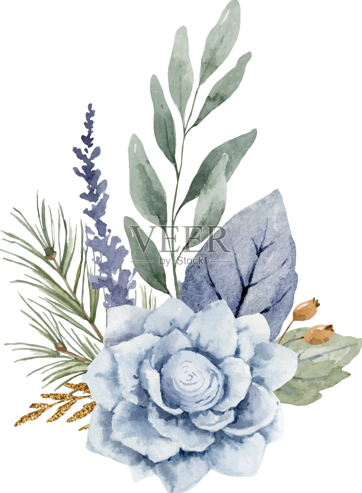 灰蓝色的冬季水彩花束设计元素图片