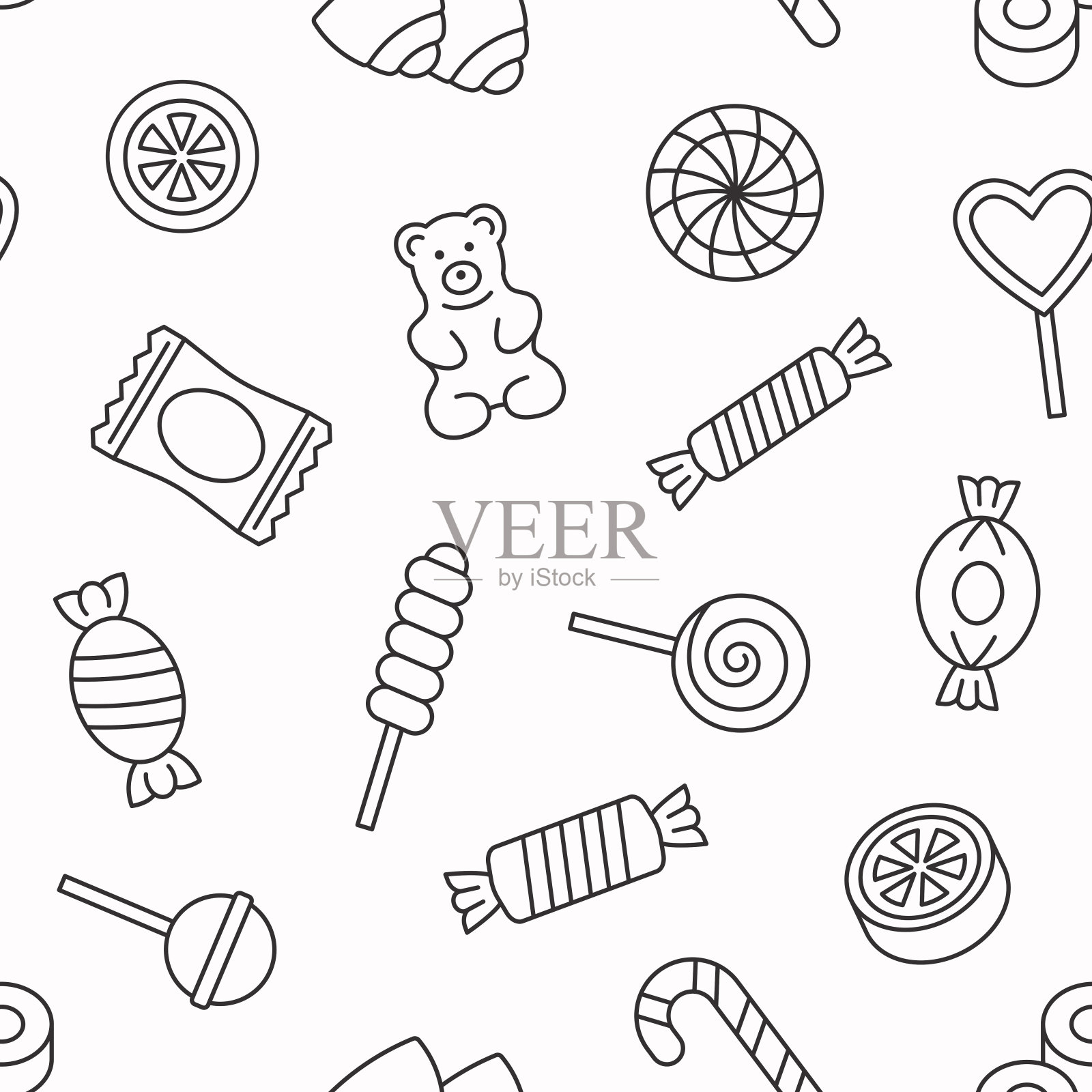 糖果无缝的背景。甜甜的图案有焦糖,棒棒糖,糖果,拐杖糖,巧克力,小熊。设计元素图片