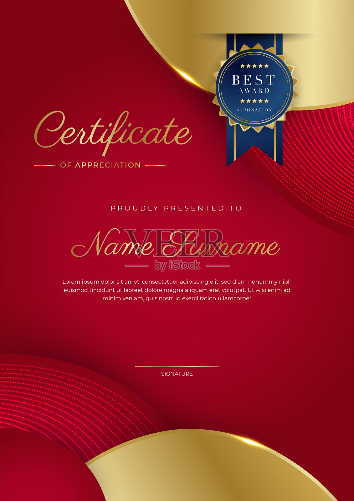 鉴赏证书模板,金色和红色。带金章的干净现代证书。证书边框模板具有豪华和现代的线条图案。文凭向量模板设计模板素材
