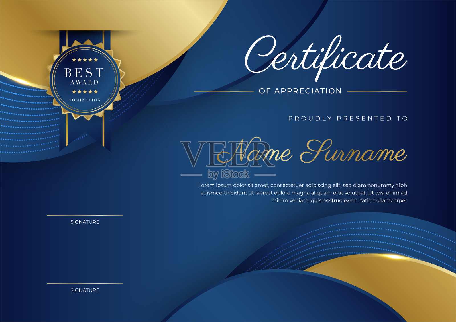 鉴赏证书模板,金色和蓝色。带金章的干净现代证书。证书边框模板具有豪华和现代的线条图案。文凭向量模板设计模板素材