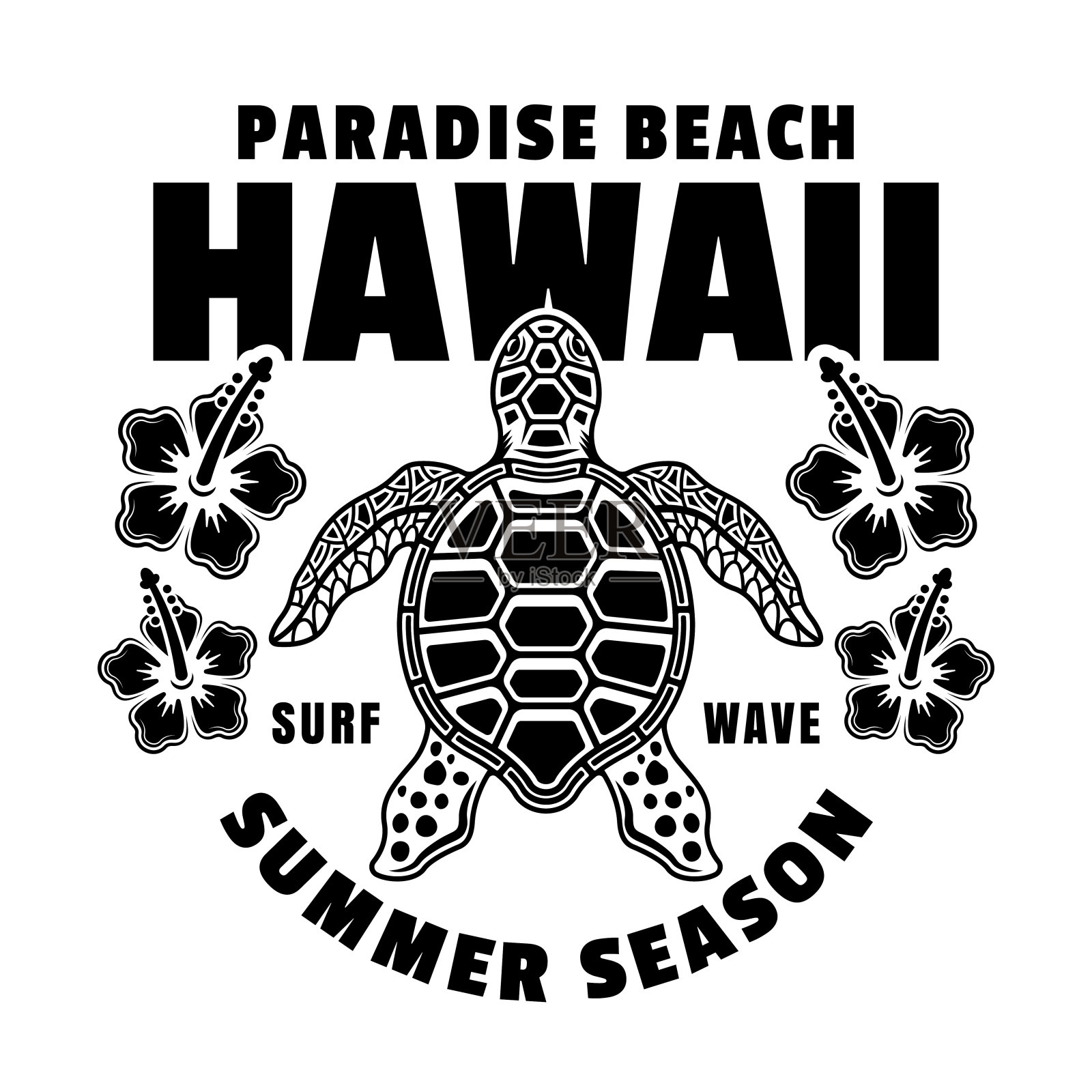 夏威夷天堂海滩矢量复古徽章,标签,徽章或标志与海龟顶视图。插图单色风格孤立在白色背景插画图片素材