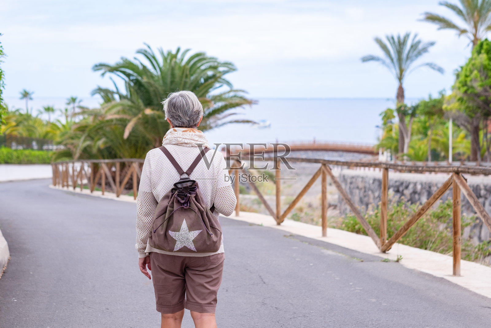 后视图高级灰色头发的女人与背包散步在公共公园在海上享受退休,健康的生活方式或假期。关于水资源的地平线。本空间照片摄影图片