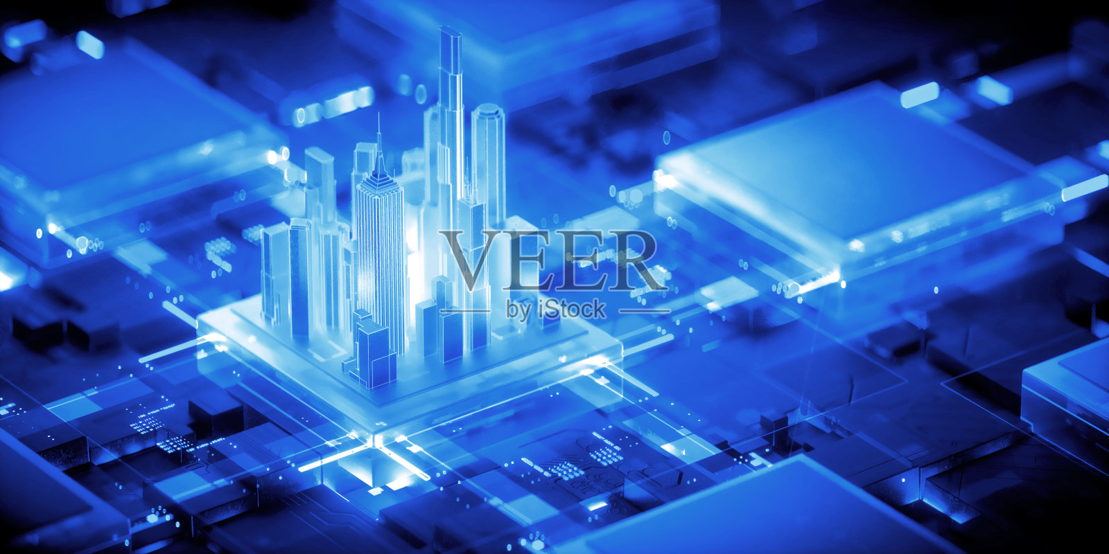 赛博朋克AI的3D渲染。电路板。技术背景。中央计算机处理器CPU和GPU的概念。数字芯片主板。技术科学背景。照片摄影图片