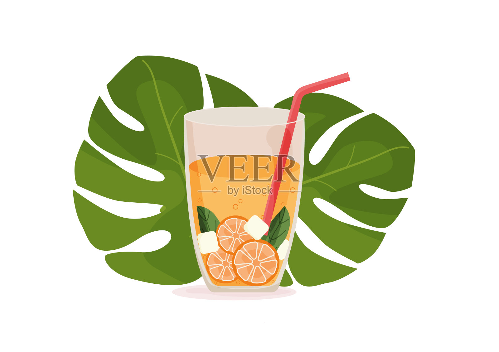 夏季鸡尾酒与热带树叶的背景。杯子里放柠檬水,薄荷叶,柑橘片,冰块,吸管。矢量插图在平面风格插画图片素材