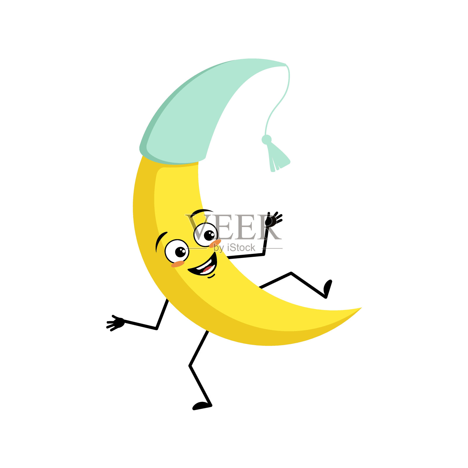 可爱的月亮人物在睡帽快乐的情绪,喜悦的脸,微笑的眼睛,手臂和腿。表情和姿势滑稽的人。矢量平面插图插画图片素材