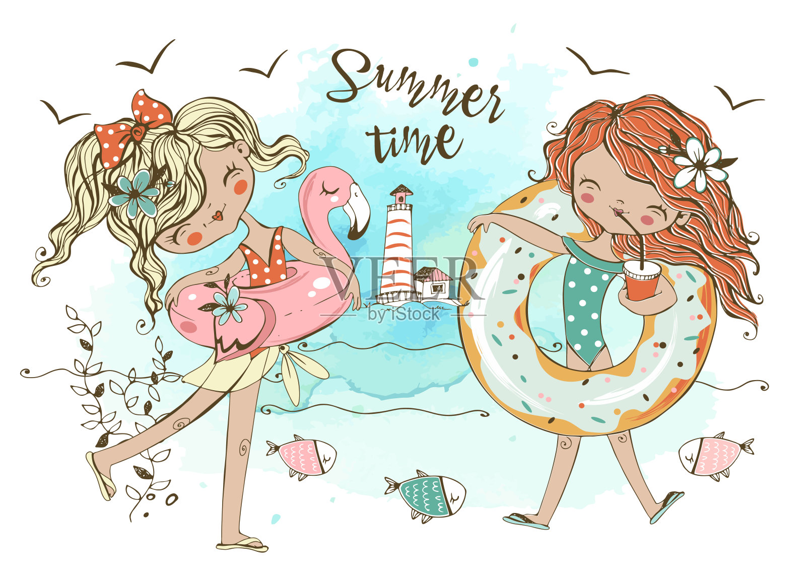 可爱的少女们在海滩上放松、游泳和日光浴。夏天的时间。向量插画图片素材