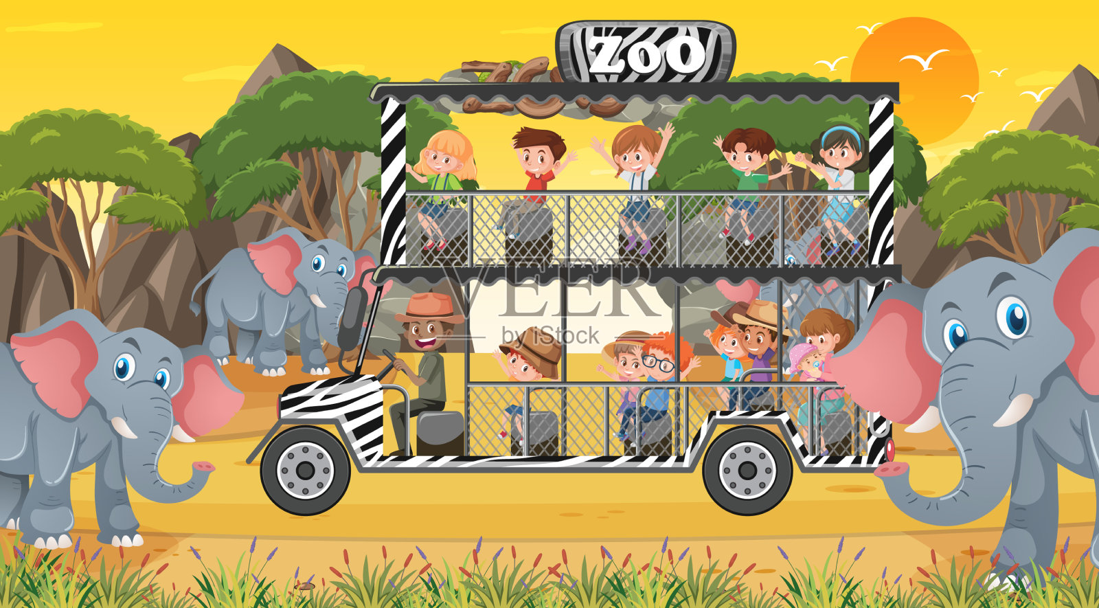 与孩子们在日落时狩猎插画图片素材