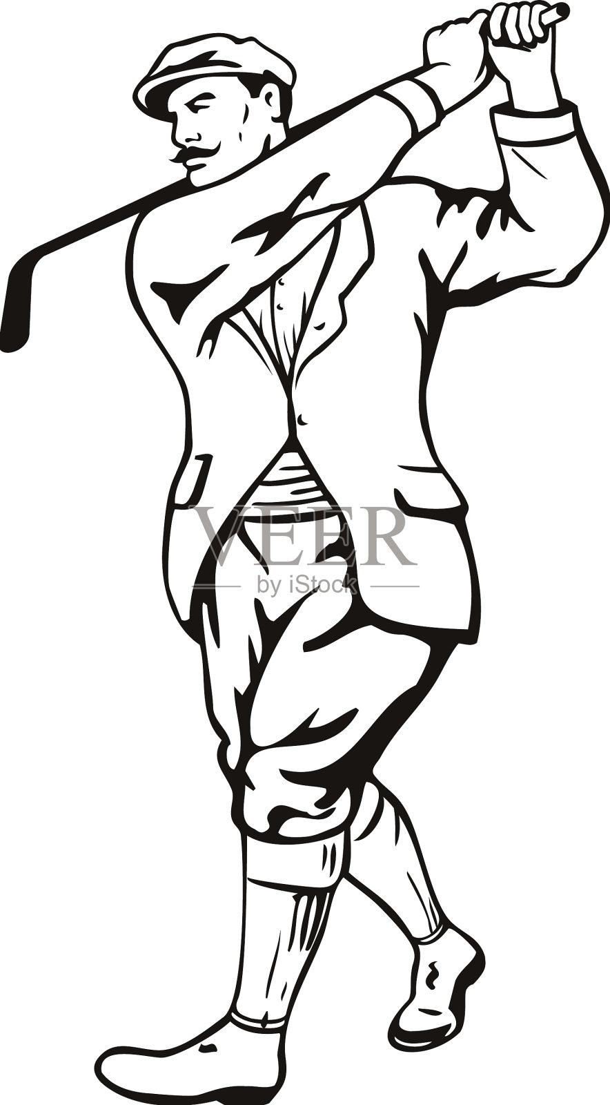 用高尔夫球杆打高尔夫球或发球的老式高尔夫球手设计元素图片