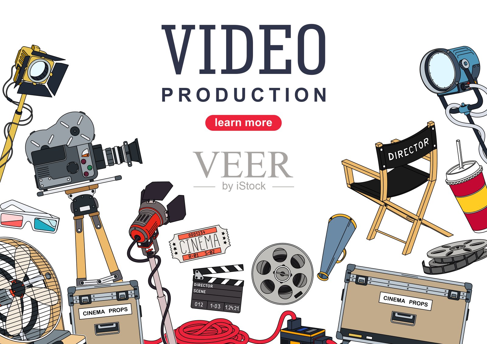 视频制作。背景设计为电影制作和视频内容创作提供了一套设备和工具。矢量图插画图片素材