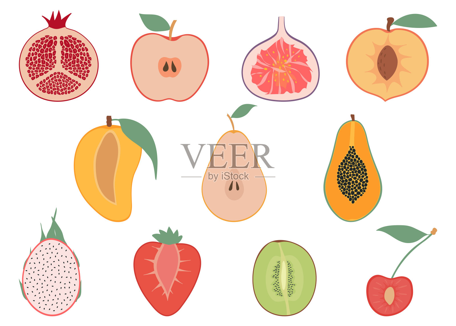 一套色彩鲜艳的水果一半,平面设计图标收集。草莓、木瓜、火龙果、芒果、樱桃、梨、无花果、石榴、猕猴桃、桃子、苹果。插画图片素材