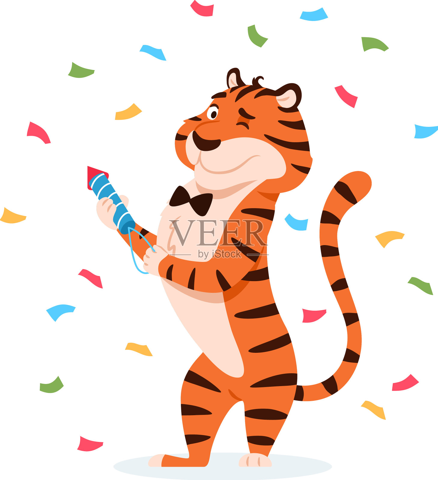 开心微笑可爱的老虎带着爆竹插画图片素材