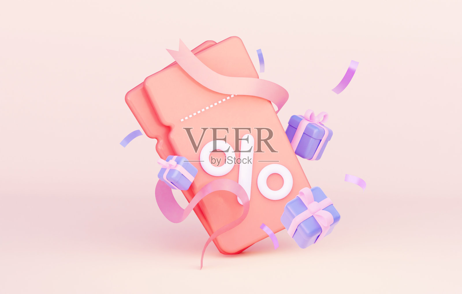 生日、母亲节、婚庆活动打折优惠券一张。礼品和优惠券的彩纸。三维渲染照片摄影图片