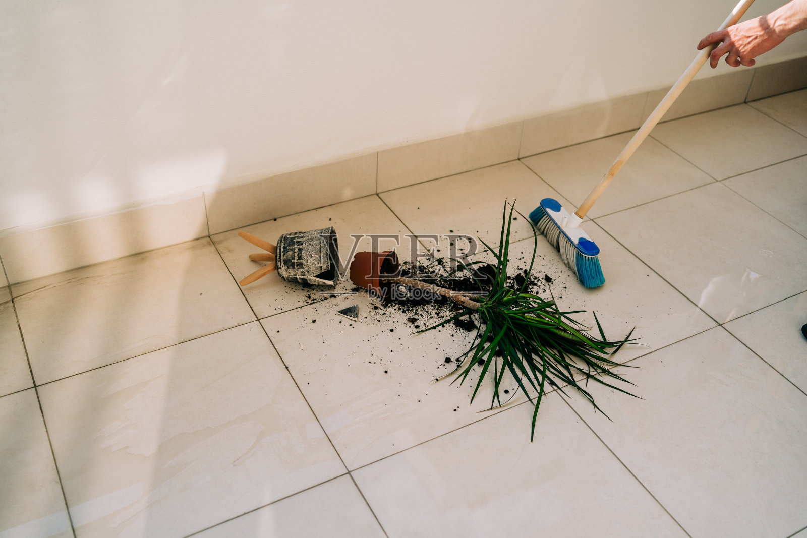 碎花盆在地板上,泥土溢出,植物受损。用拖把擦地板。家务——清理污垢。花意外打碎了陶瓷罐和凌乱的灰尘在阳台上照片摄影图片