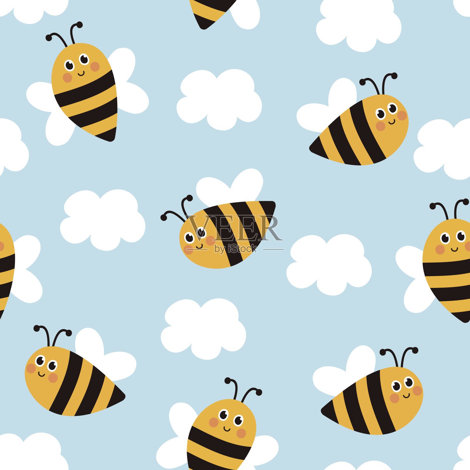 无缝图案可爱的蜜蜂。有蜜蜂和云彩的幼稚纹理。插画图片素材