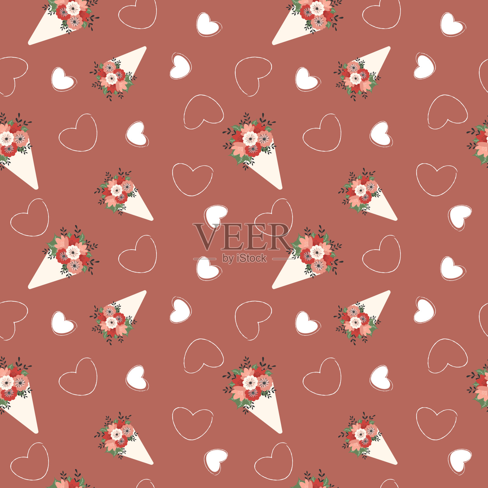 抽象无缝图案的心和花,花束。海报或封面的图像。重复的纹理。图的纺织品。插画图片素材