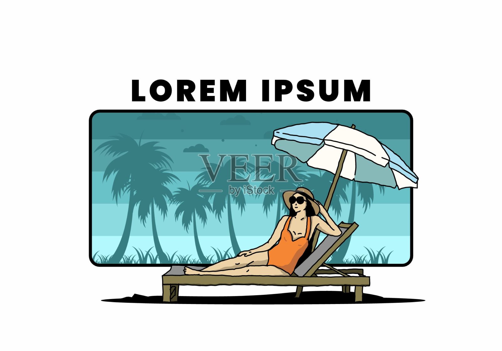 在有雨伞插图的沙滩椅上放松插画图片素材