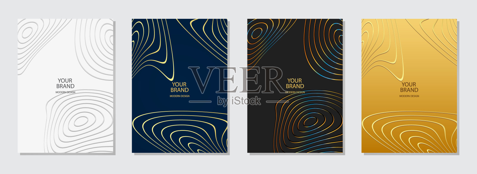 几何封面设计。压花金三维图案抽象弯曲的圆圈,线,条纹在深蓝色,白色,黑色,金色的背景。插画图片素材