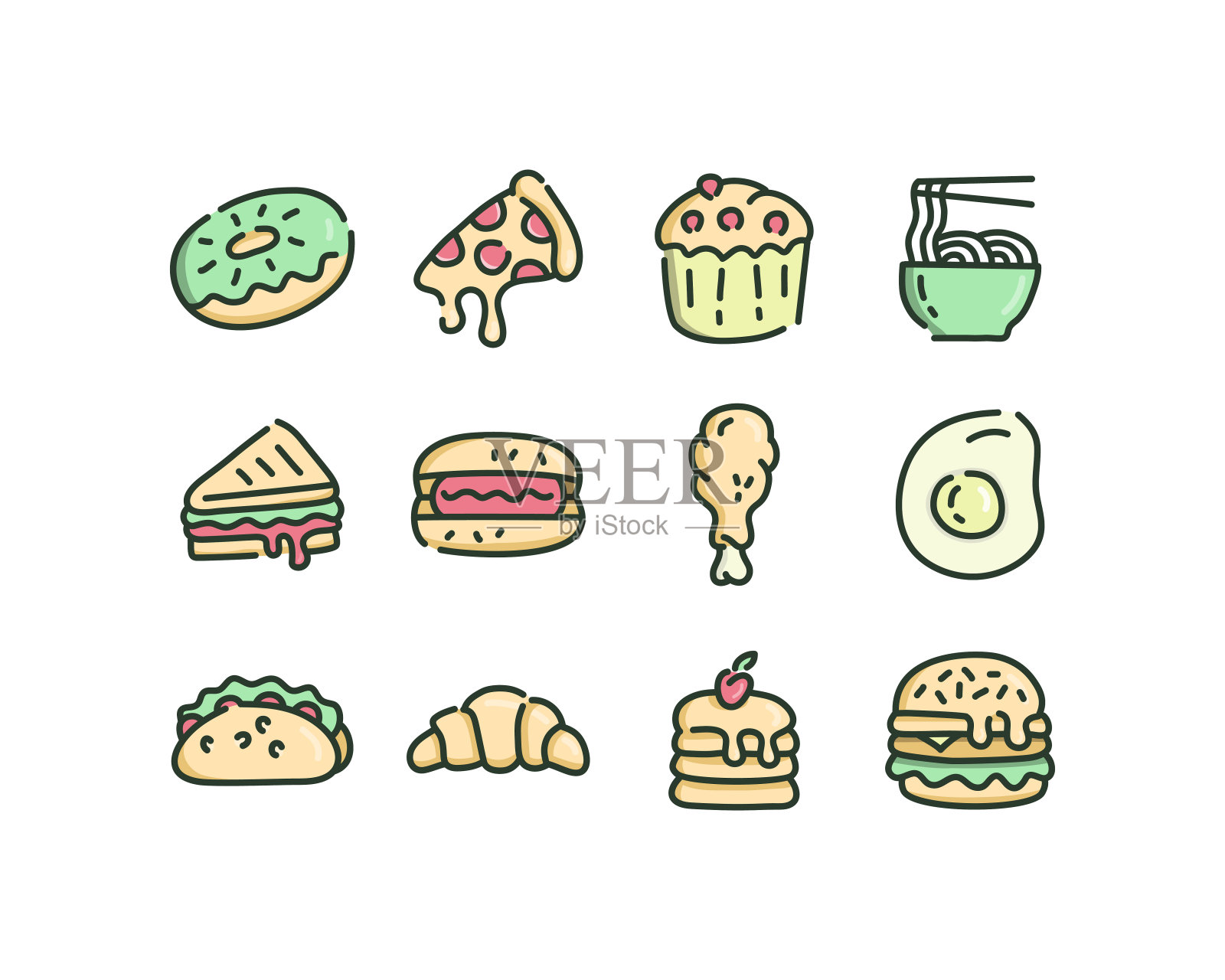 向量插图的快餐图标包装与彩色图标图标素材