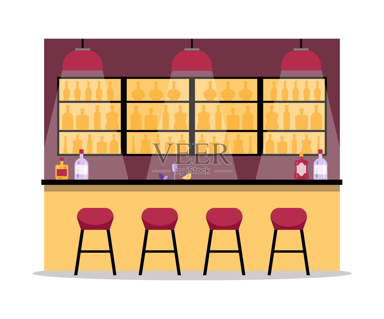 吧台内部设有椅子、酒瓶和平板式货架插画图片素材