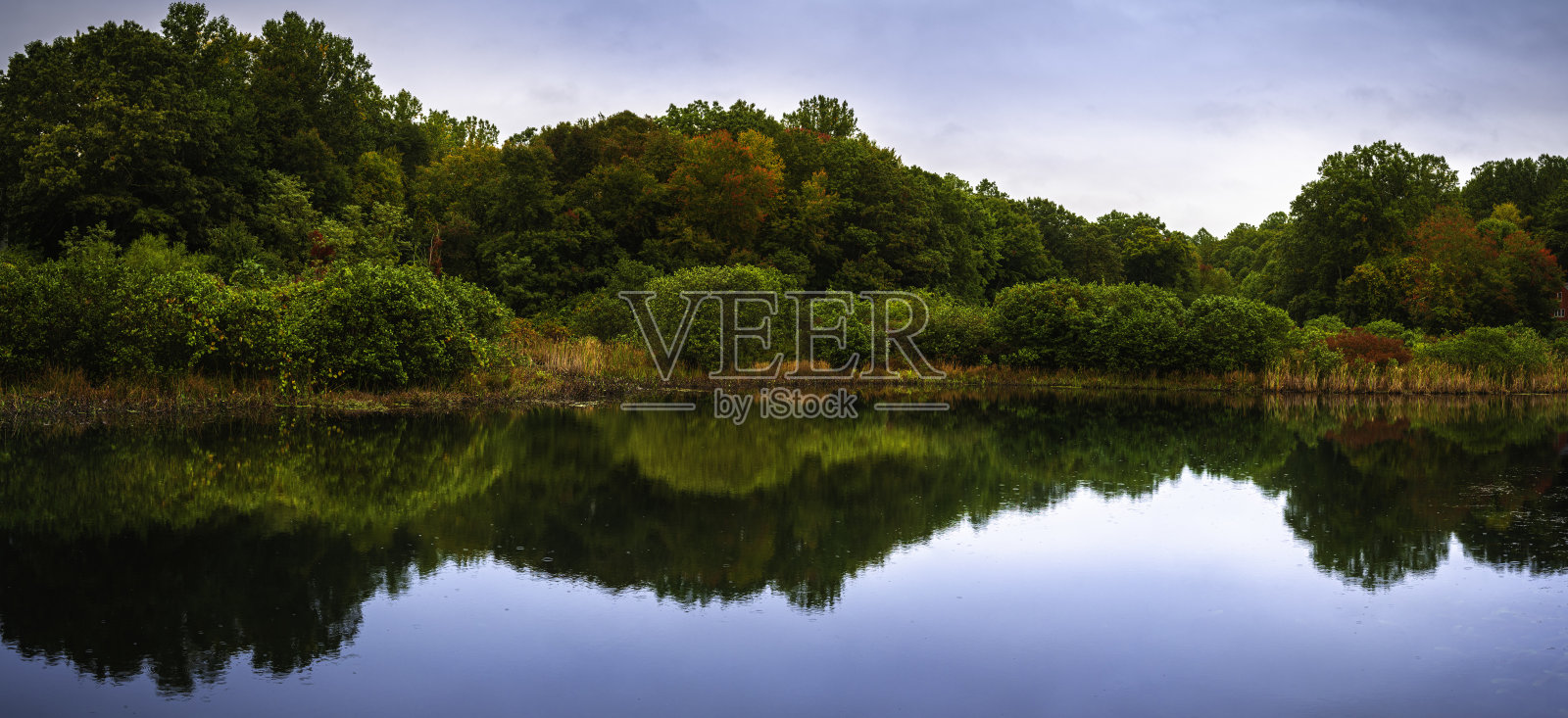 宁静的秋季森林和湖泊景观在康涅狄格州照片摄影图片