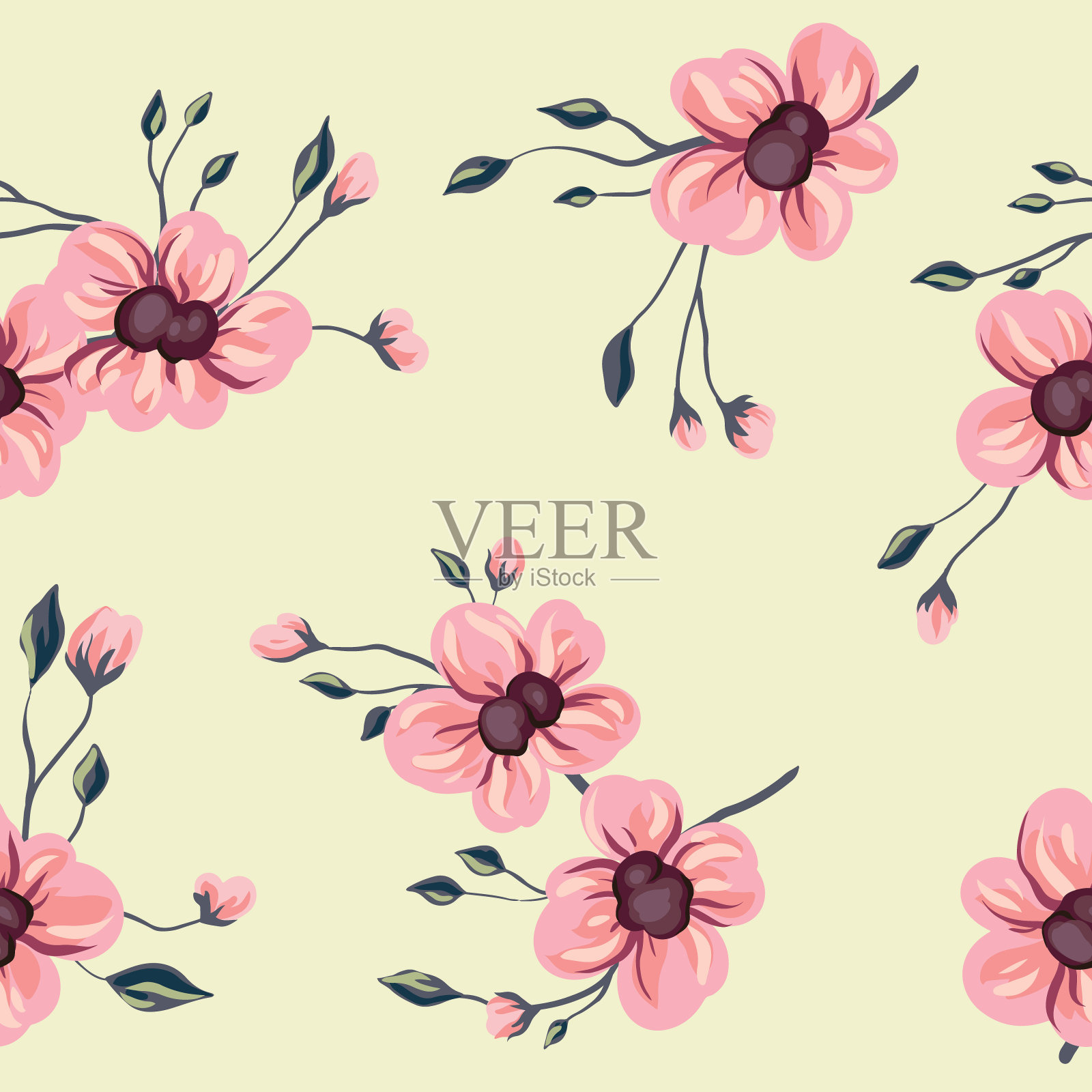 浪漫的花卉图案,枝条上有精致的粉红色花朵。无缝模式向量。插画图片素材