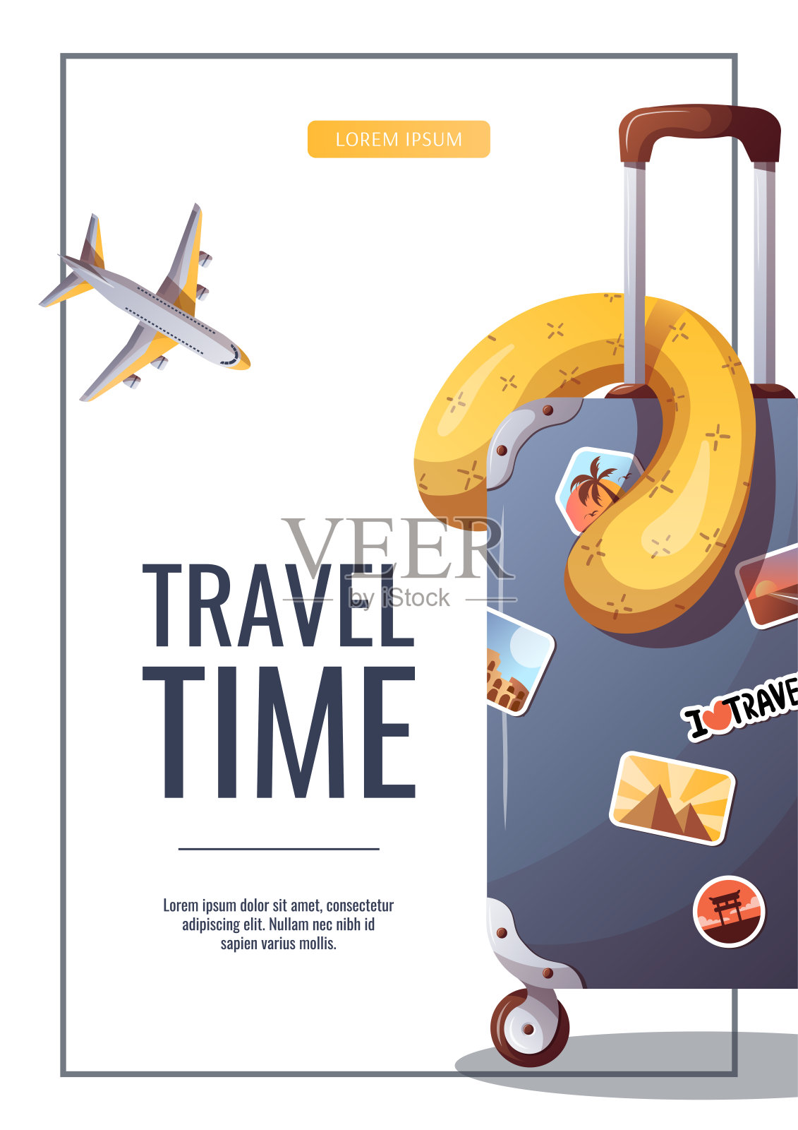 飞行设计手提箱,旅行枕头,飞机。插画图片素材